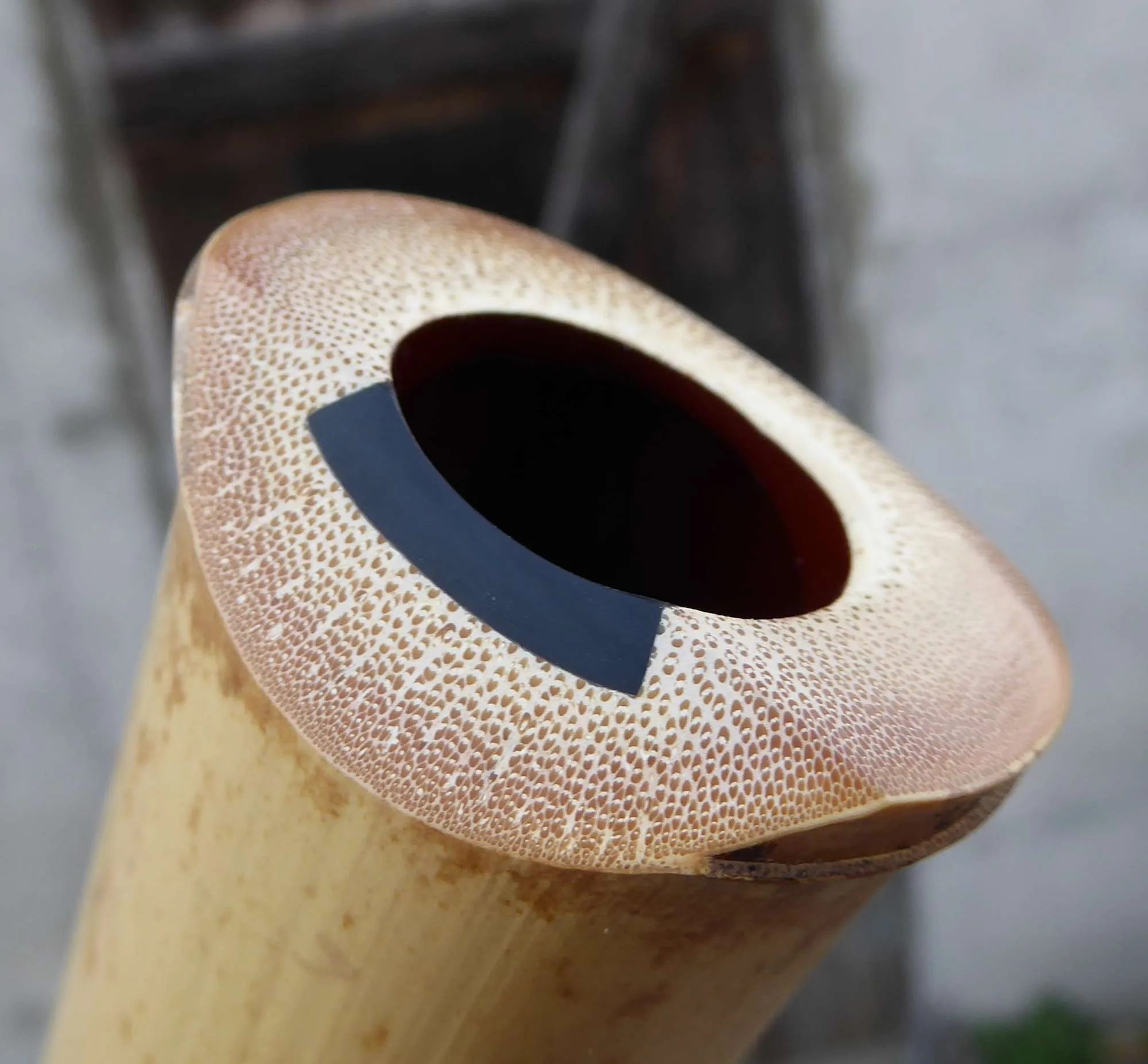 Утагучи. Острая кромка, необходимая для рассечения струи воздуха. Представляет собой либо просто срезанную под углом стенку трубки, либо специальную часто костяную вставку.