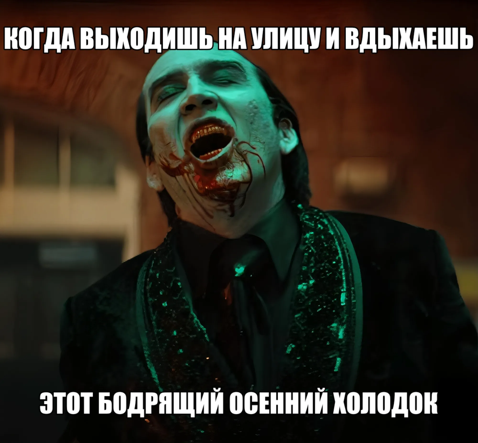 Кадр из фильма&nbsp;«Ренфилд» (Renfield, 2023), очень неплохой «черной» комедии ужасов с Николасом Холтом и Николасом Кейджем о вампире и его фамильяре. Кейдж отжигает там не по-детски. Да и Холт вообще очень неплохо играет