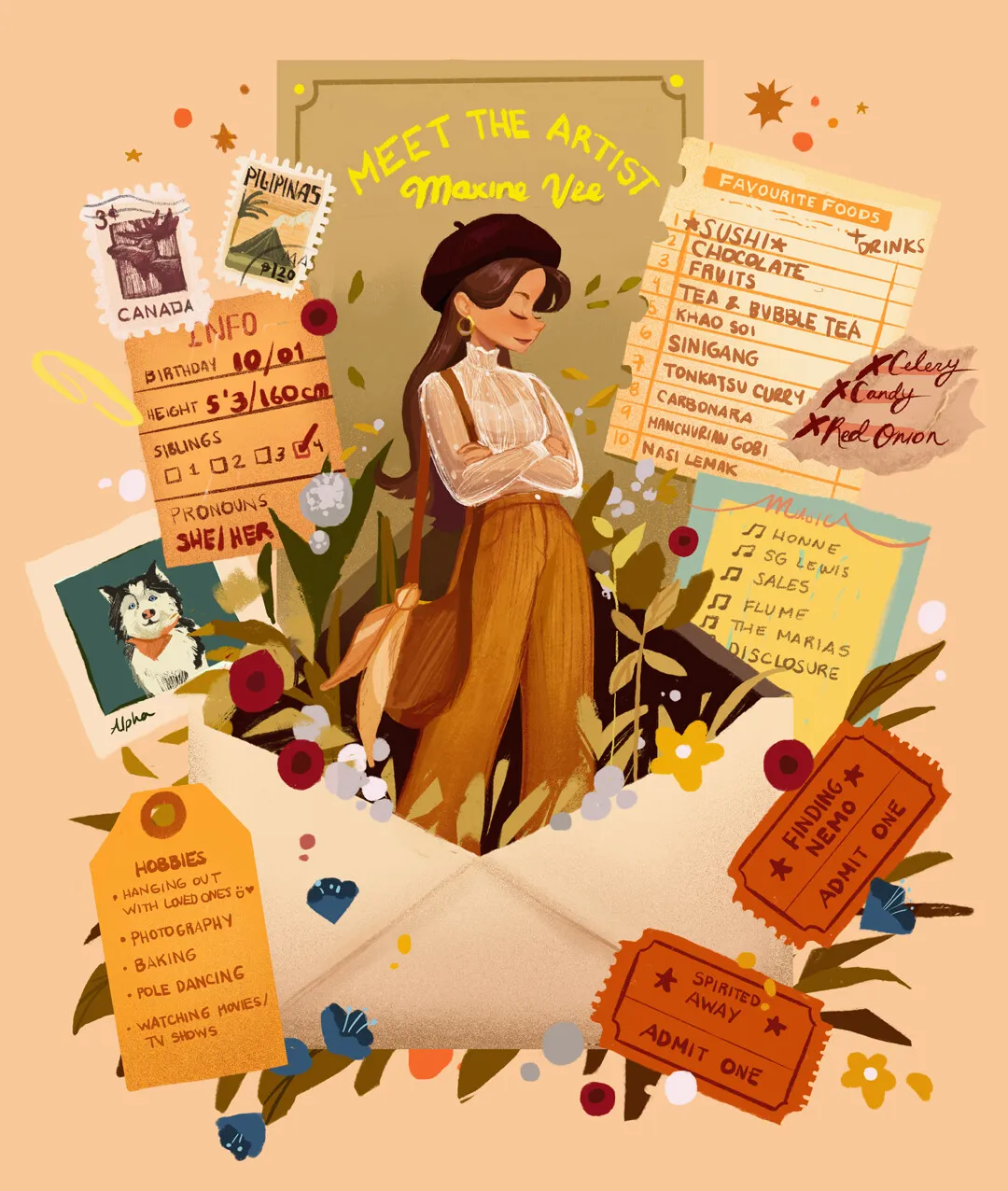 Автопортрет художницы с указанием ее хобби: тусы с любимыми друзьями, фотография, выпечка, танцы на пилоне (любопытно, однако), просмотр кино и сериалов, Миядзаки (который Хаяо, судя по «Унесенным призраками»), Дисней (судя по «В поисках Немо»), суши, шоколад, фрукты и все такое прочее (видимо, где-то рядом клетчатый теплый плед, кофе и котяра наглая, хотя на картинке собакен – судя по надписи, по кличке Альфа). Девочка мелкая, в прямом и переносном смыслах – 160 сантиметров росту, 2001 года производства. Вообще очень информативная картинка