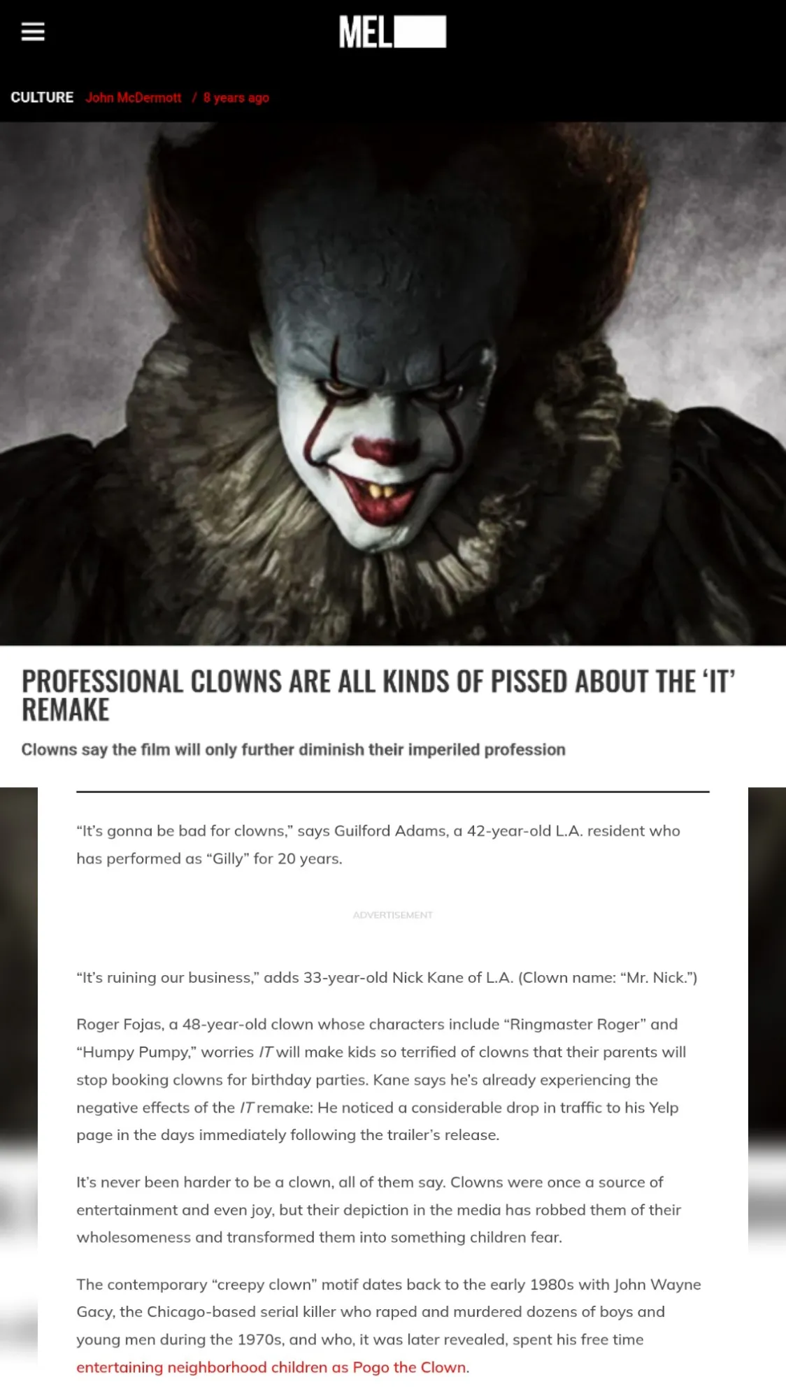 Скрин новости тогдашней с сайта интернет-издания Mel Magazine. Заголовок «Профессиональные клоуны в бешенстве от выхода ремейка «Оно». Далее идут жалобы клоунов