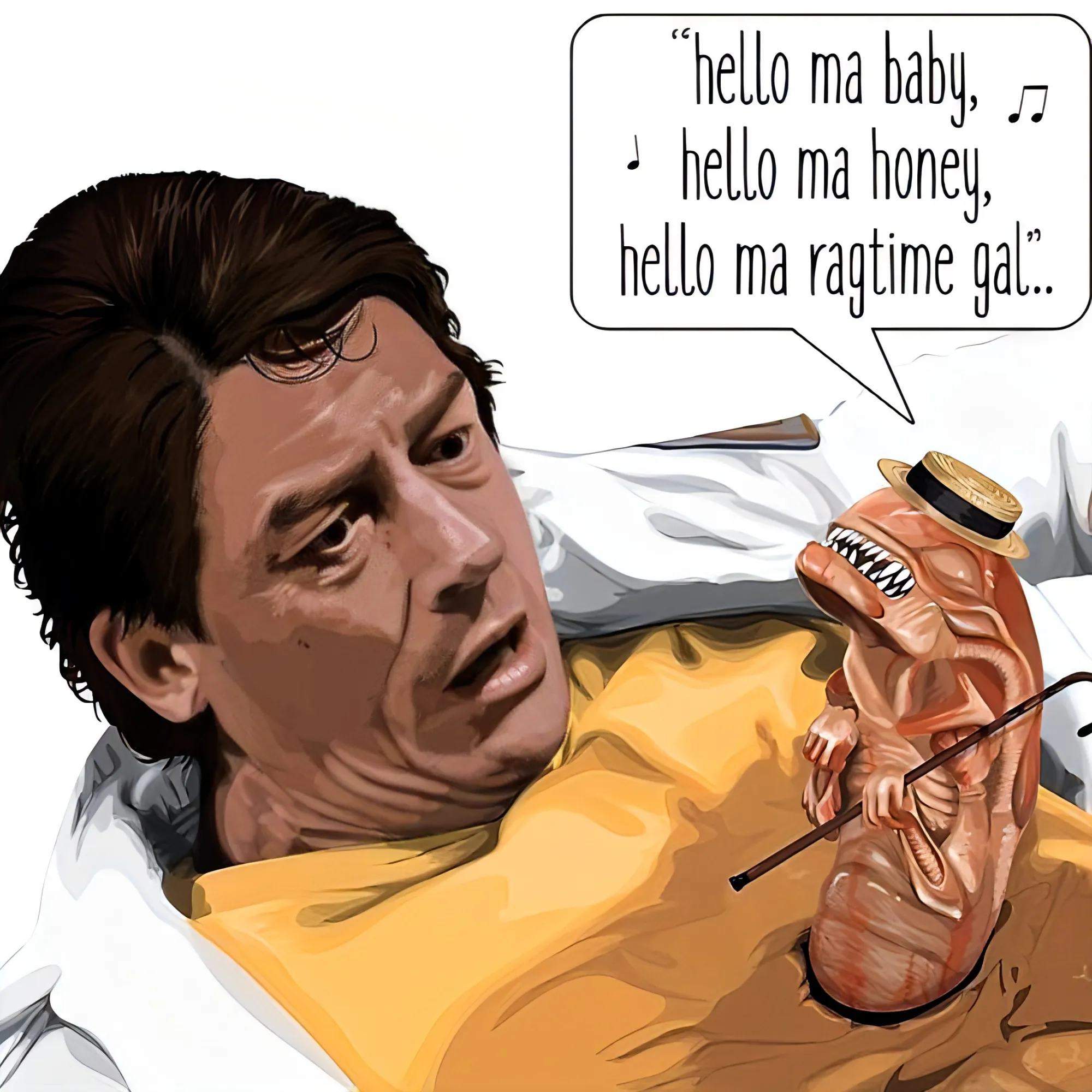 Ну это классика – чужой из «Космические яйца» (Spaceballs, 1987) Мела Брукса. В фильме есть сцена с пародией на первый фильм, где монстр выбирается из живота персонажа, которого, как и в «Чужом», играет Джон Хёрт и зовут его как в оригинальном фильме – Кейн. После выскакивания алиена он кричит «Опять то же самое!». Чужой же сваливает в закат под старую песенку, танцуя и помахивая тростью и шляпой. Сама песня, кстати – Hello, ma Baby – стала популярной еще в начале XIX века и была первой популярной песней о телефоне. В ней рассказывается о парне, который встречался с девушкой только дистанционно, ни разу ее не видев вживую