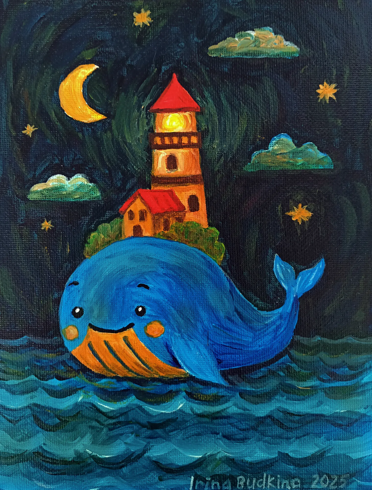 Холст, акрил, кажется 13*18 см (точно не помню, давно подарила)